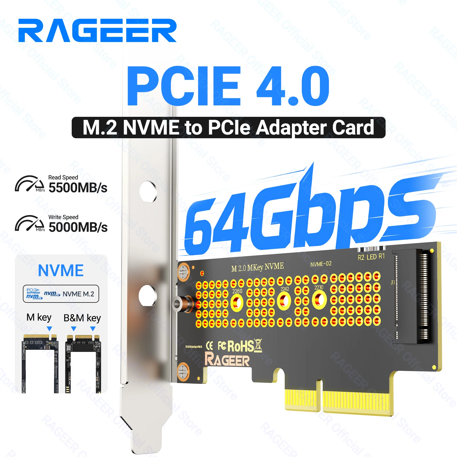 RAGEER M.2 NVME zu PCIE Adapterkarte für M.2 2280/60/42/30 SSD Erweiterungskarte Metallhalterung Konverter Desktop PC X1/X4 Versionen