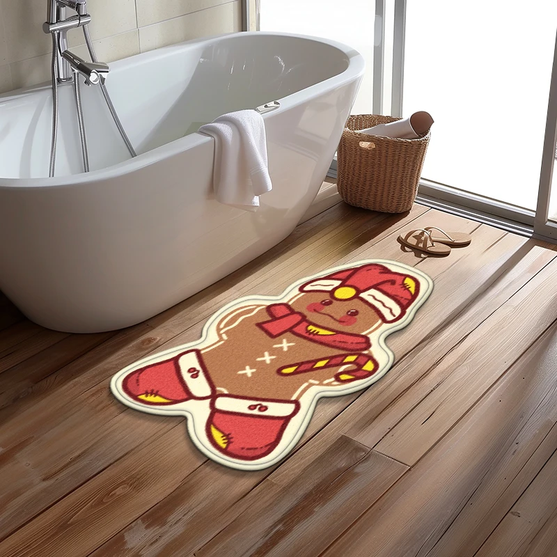 Christmas Themed Gingerbread Man Bathroom Mats Bathroom Anti-Slip Floor Rugs Shower Room Doormat Machine Washable Easier To Dry