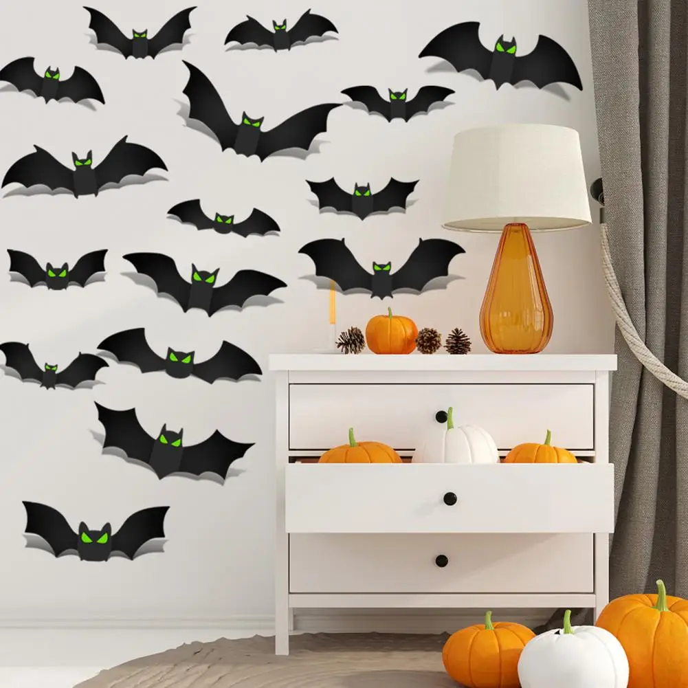 Pegatina de pared de murciélago de Halloween escalofriante, conjunto de decoración de murciélago de Halloween, pared 3d S con ojos brillantes para fiesta, baño, cocina, hogar, habitación