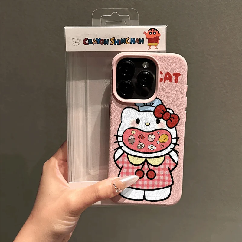 13 Greedy Hello Kittys Fashion TPU Imitation Leather Phone Case for IPhone 16 Plus 15 14 13 12 11 Pro Max Shock-absorbing