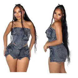 Summer Sexy Tube Tops Denim Shorts 2 Pieces Set Women Pocket Off Shoulder Sleeveless Backless Strapless And Shorts Jeans Outfits