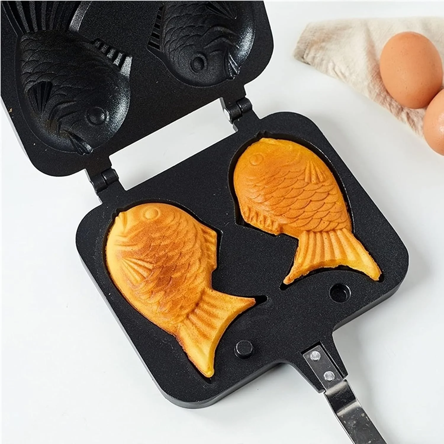 Taiyaki 물고기 모양의 케이크 팬, 긴 손잡이가 있는 붙지 않는 와플 케이크 메이커, 팬케이크 베이킹 더블 팬 몰드
