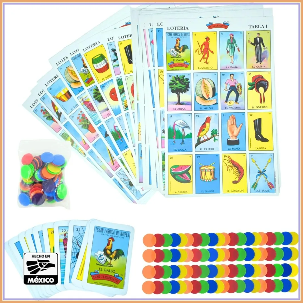 Premium Lotería Mexican Bingo Game Set - 10 Players, 100 Chips, Authentic Loteria de Lujo Mexicana, Colorful Cards