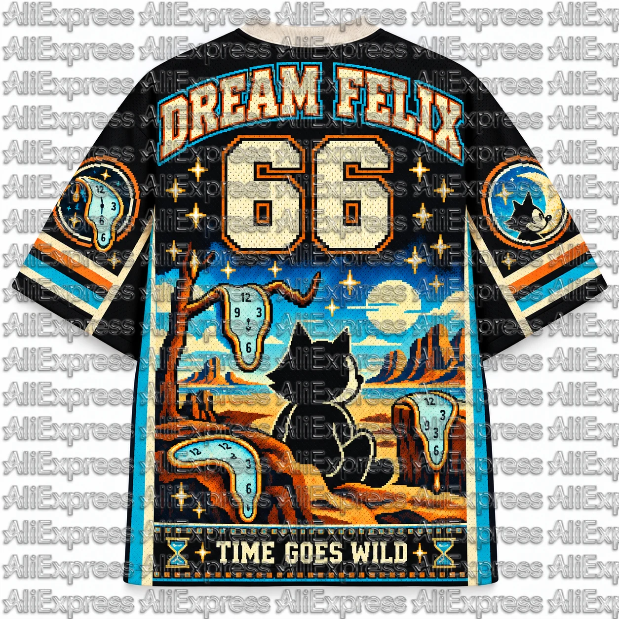 Dream Felix Cat 66 Pattern Men's Mesh V-neck Short Sleeved T-shirt Retro Surreal Dali Clock Cartoon Neutral Street Sports Top