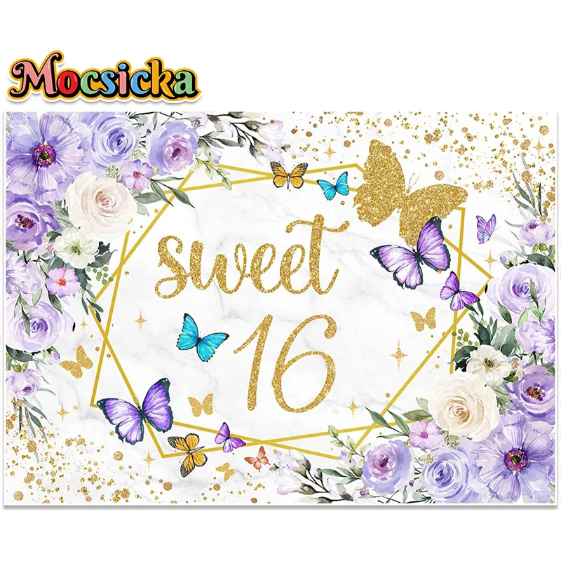 Girl 16th Birthday Photo Backdrop Purple Butterfly Flower Gold Dots Party Decoration Photography Background Text Customizable