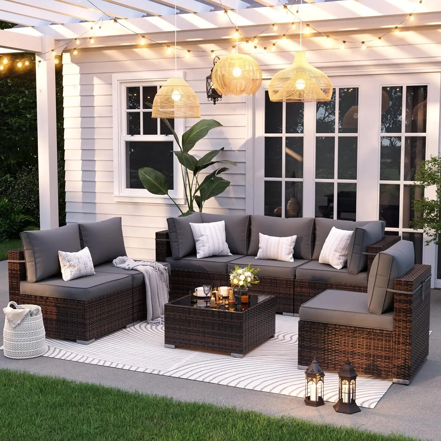 Patio Furniture Set, Outdoor Sectional with Free Cover, All-Weather Wicker Patio Conversation Sets for Backyard