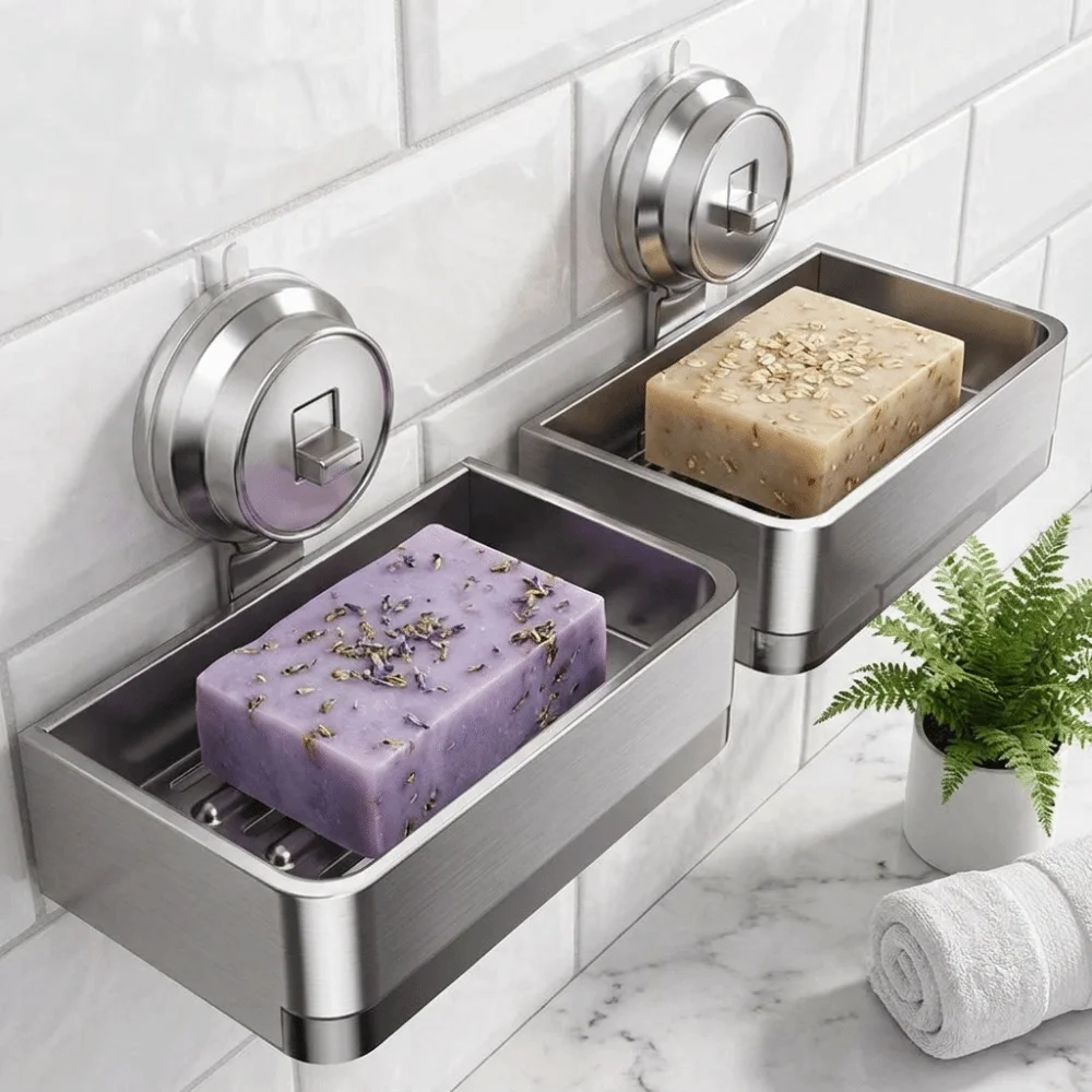

Suction Cup Wall Mounted Soap Box Quick Drain Modern Bathroom Soap Holder convenient Waterproof No-Drill Soap Dish Bathroom