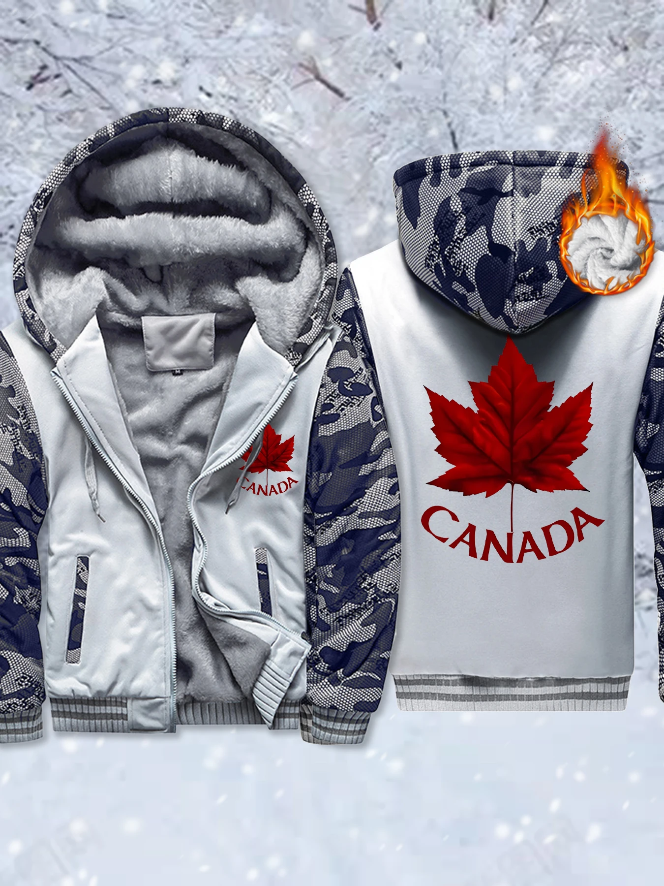 كندا وأوراق القيقب المطبوعة الشتاء رجل الشارع الشهير عارضة الأزياء مقنعين سترة سميكة الصوف معطف لينة سستة الستر #2