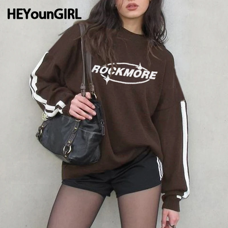 

HEYounGIRL Casual Sporty Women Sweatshirt O Neck Letter Print Harajuku Brown Loose Fit Pullovers Streetwear Preppy Style Clothes