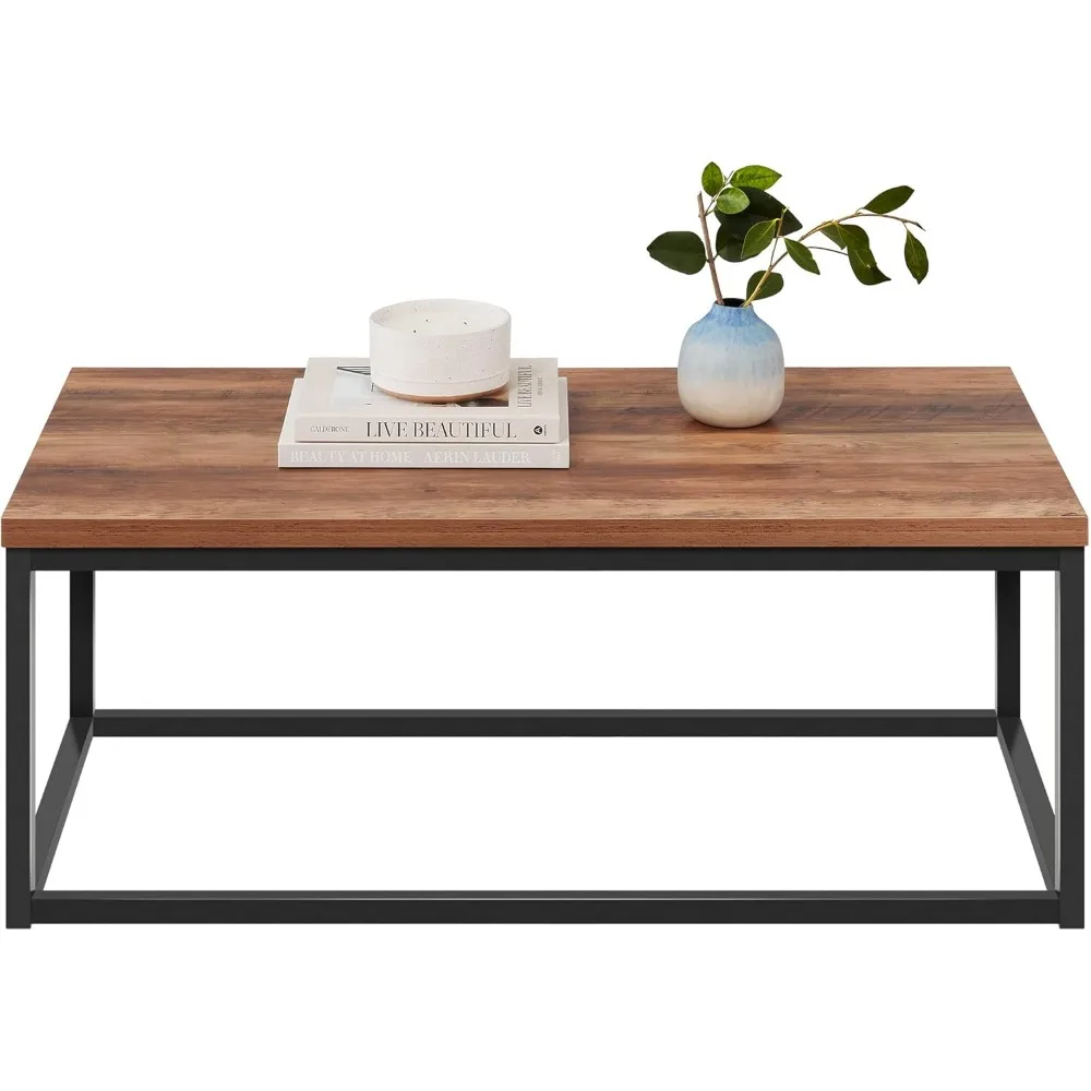 44 Modern Industrial Style Rectangular Wood Grain Top Coffee Table - Rustic Accent Furniture with Metal Frame for Living Room
