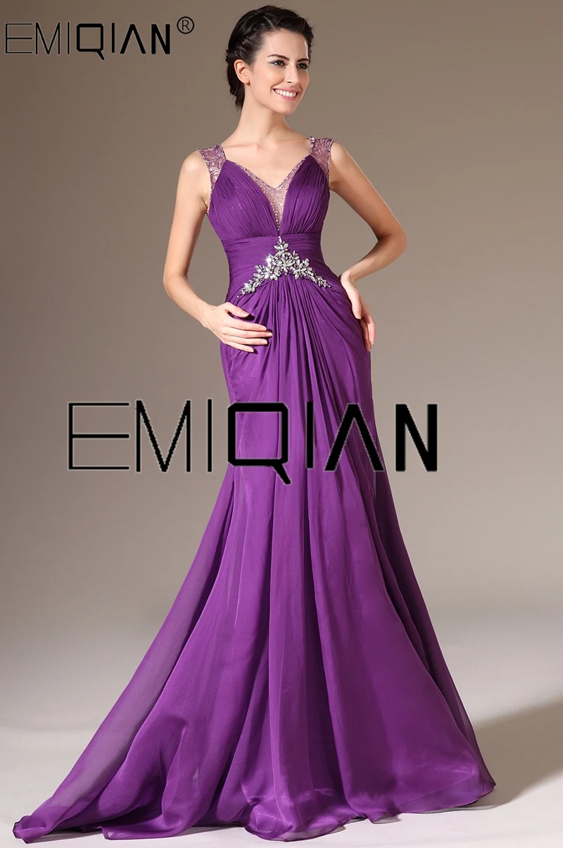 

V Neck Mermaid Purple Lace Chiffon Evening Dresses, Beaded Formal Evening Gown