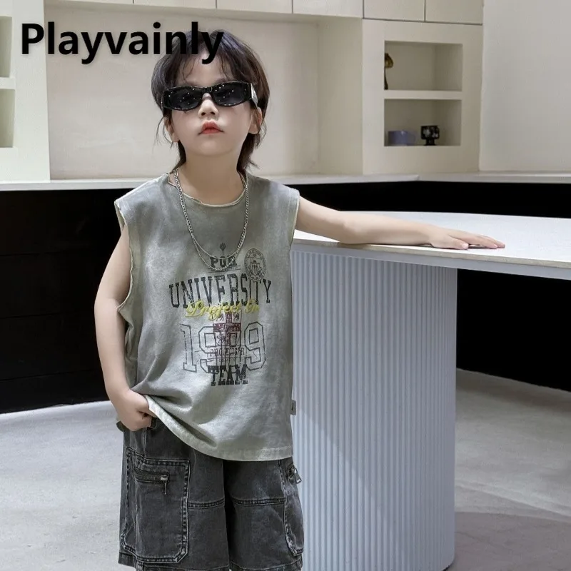 

2025 New Summer Boys Retro Vest T-shirt Fashion Letter Print Round Neck Sleeveless Tees Breathable Tops Children Clothes A52021