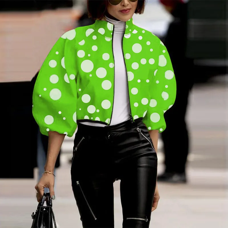 Manches longues automne femmes haute rue balle vêtements d'extérieur à pois imprimé col montant grande veste élégant fermeture éclair manteau court femmes haut