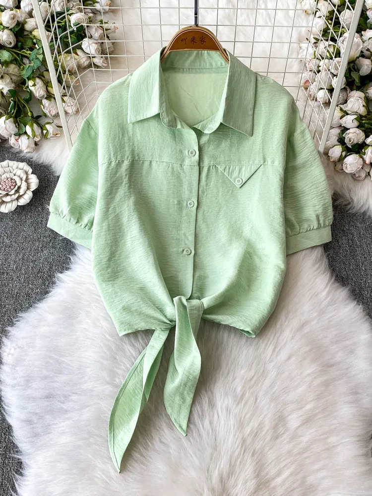 

Sexy ort Sve Tie-Bind Ne irt Women's Slim Fit Korean Sle Single Button Summer New Sle Commute Faion