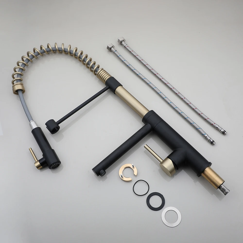 KEMAIDI Black&Brush Gold Gourmet Kitchen Spring Faucets Kitchen Sink Faucet Hot Cold Water Mixer 360 Degree Rotation Tap