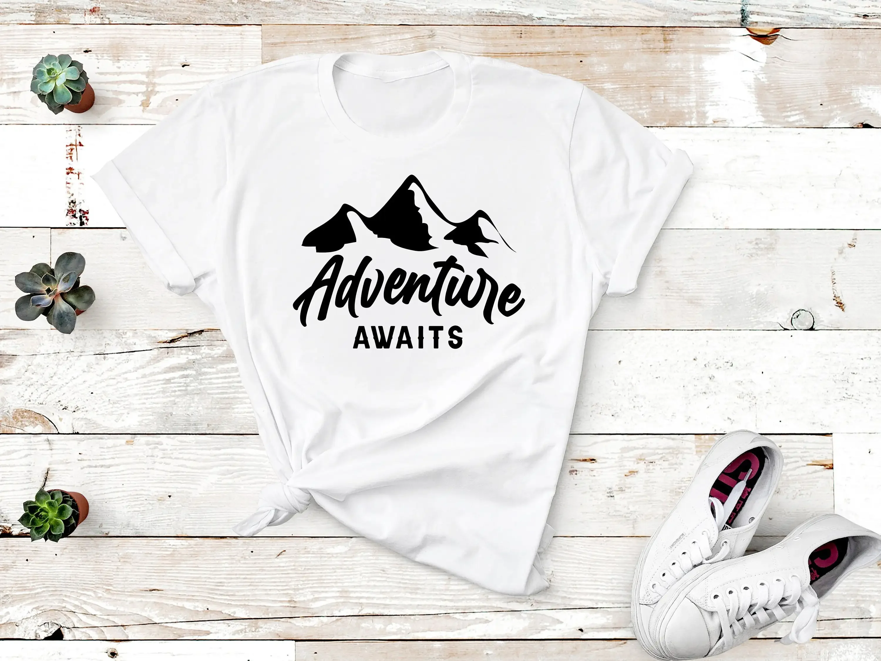 Adventure Awaits T Shirt Hiking Mountains Camping Backpacking Wanderlust Outdoor