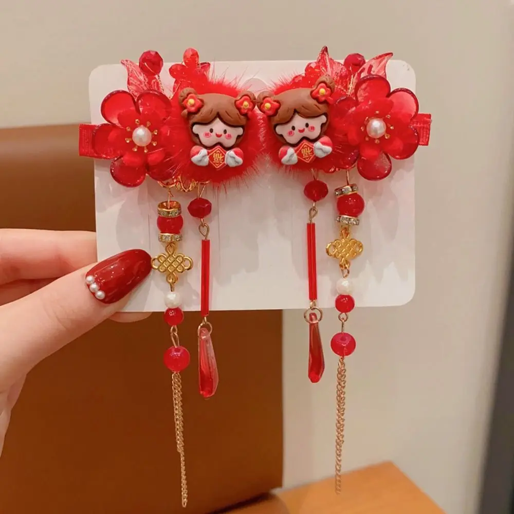 Lovely Tassel Children Red Hairpin Flower Cloth Hanfu Hairpin Baby Headwear Tang Suit Hair Clip Ancient Style Hairpin Baby