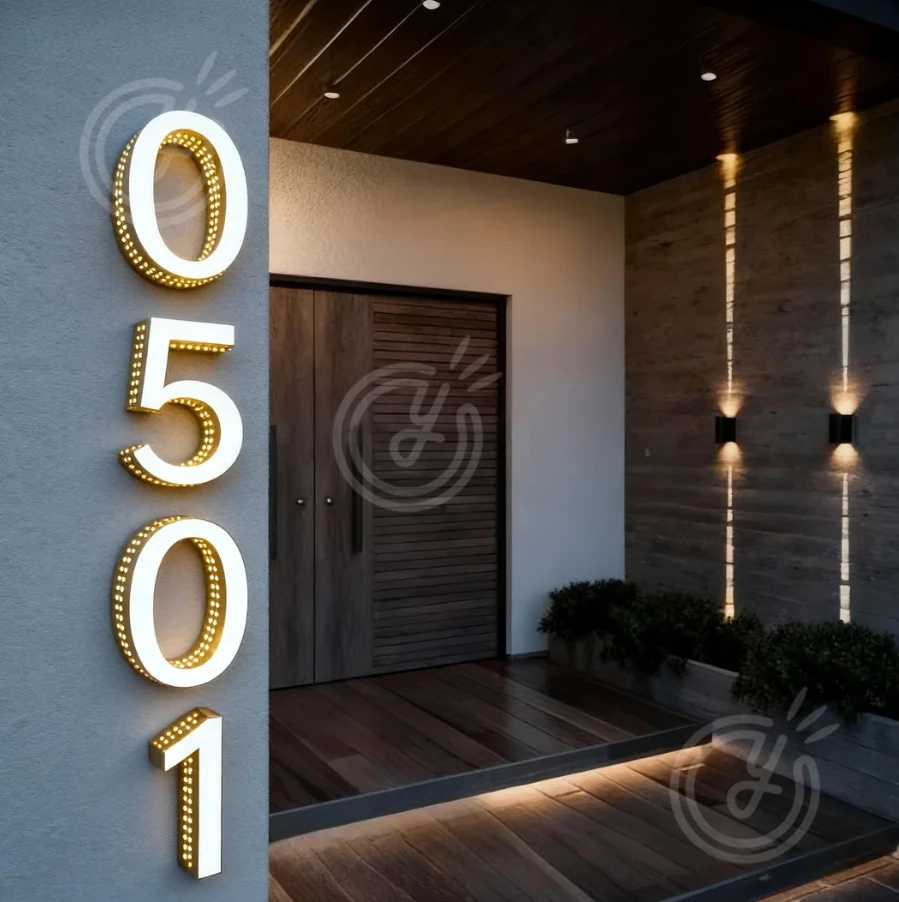 ป้ายร้านตัดผมโลโก้สีทองสำหรับธุรกิจ ป้ายตัวอักษรหรูหราแบบ 3 มิติ พร้อมไฟ LED สำหรับตกแต่งภายนอกอาคาร ของตกแต่งโฆษณา ป้ายหน้าร้านแบบกำหนดเอง