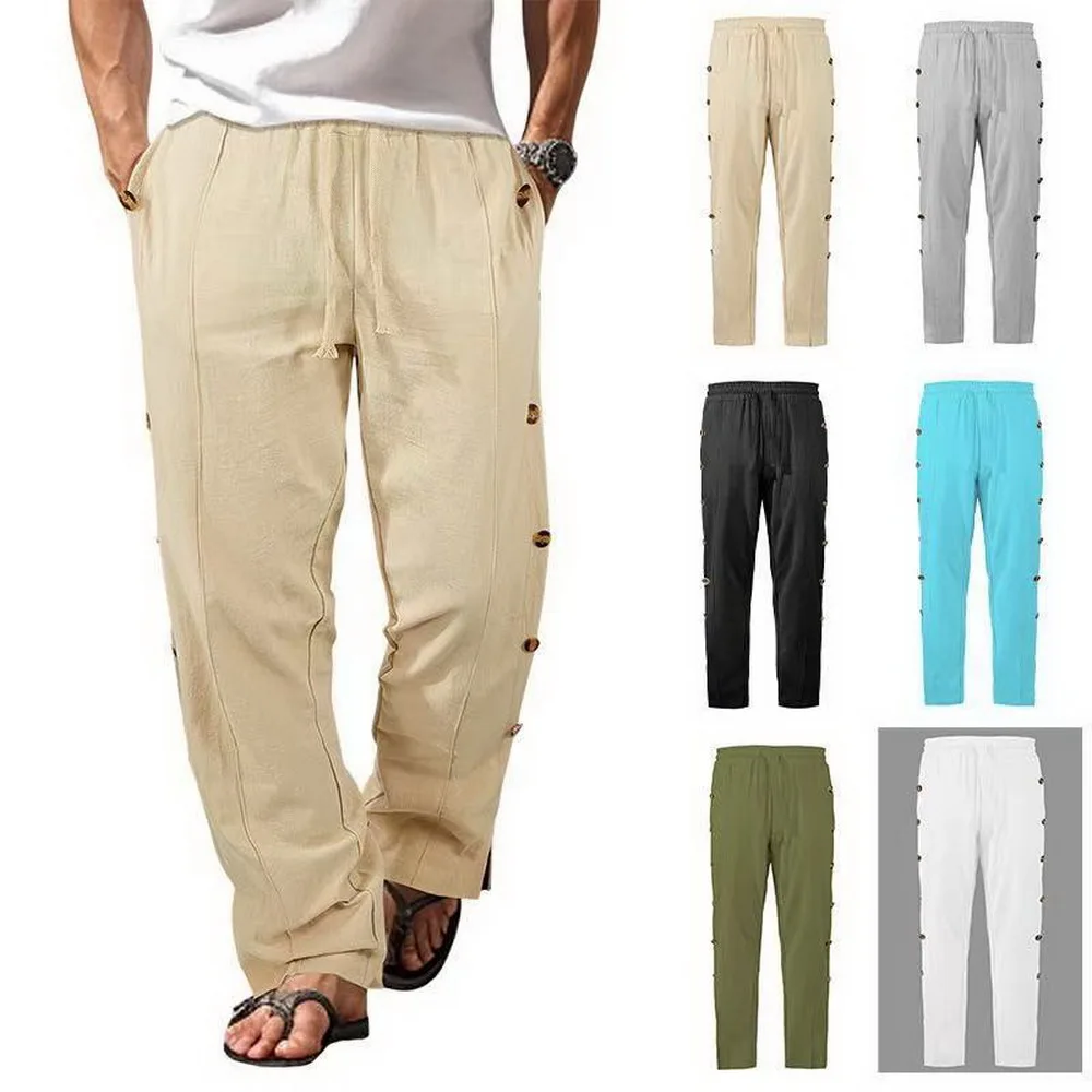 

Cotton linen pants for men , drawstring elastic waist side button thin pants, solid color breathable daily casual pants