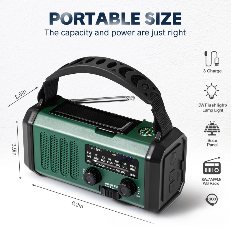 10000mAh Emergency Radio Portable Solar Hand Crank AM/FM Radios with Flashlight Reading Lamp Compass SOS Alarm Weather Alert