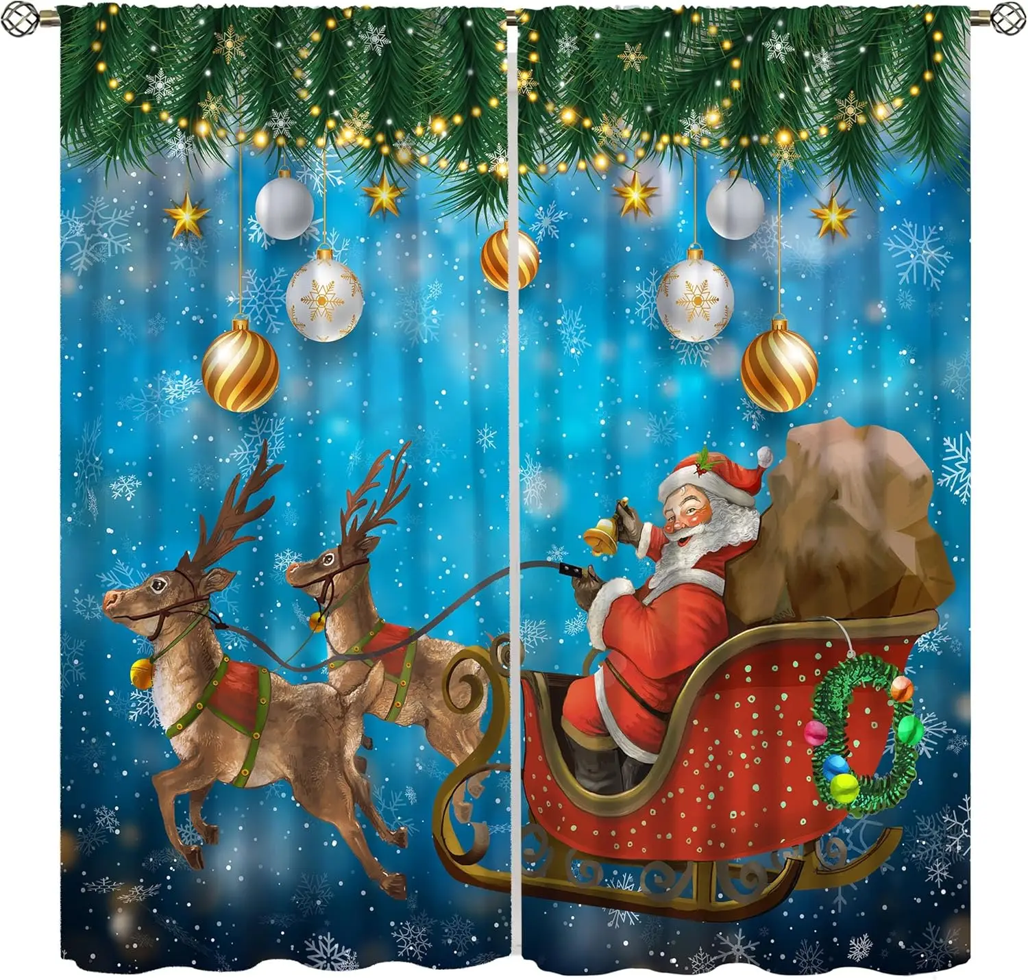 

Christmas Curtain,Funny Anta Claus Riding a Sleigh Delivering Present,Christmas Ball Winter Print Drapes for Bedroom Party Decor