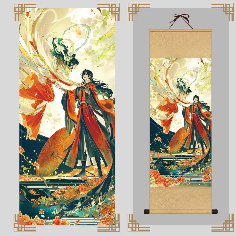 Tian Guan Ci Fu Silk Fabric Picture Scroll Hua Cheng Xie Lian Fiugre Hanging Picture Printed Poster Scroll Picture Home Gift