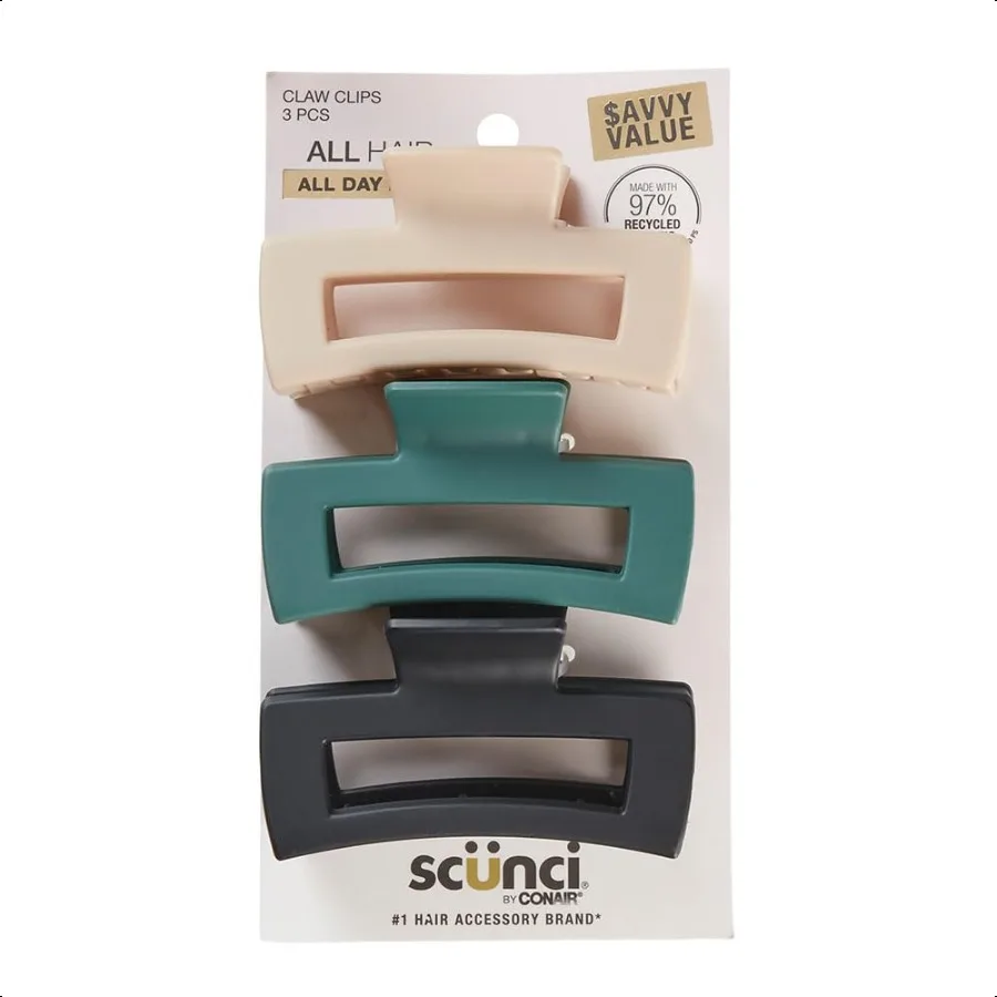 

Scunci by Hair 3inch claw clips hair accories for women Ideal for all hair types trendy hair accories Beige Black Green 3 Count