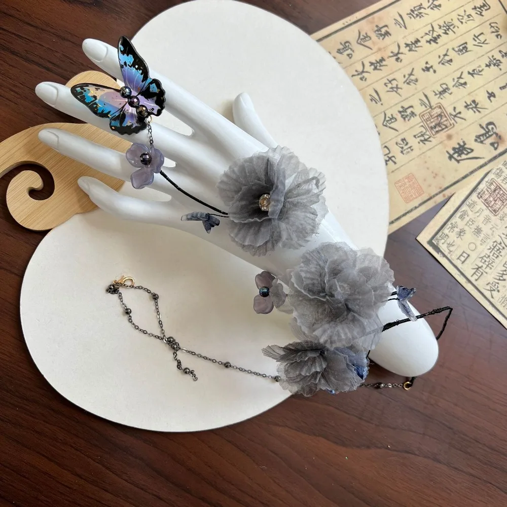 Gelang Vintage Cina Baru Warna Abu-abu Bermotif Bunga untuk Hanfu, Gelang Oriental yang Dapat Disesuaikan, Gaya Bohemian