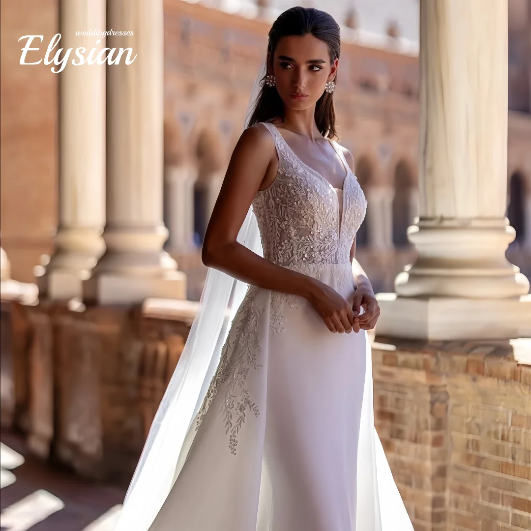 맞춤형 머메이드 섹시 웨딩드레스 민소매 레이스 탈부착 트레인 새틴 웨딩드레스