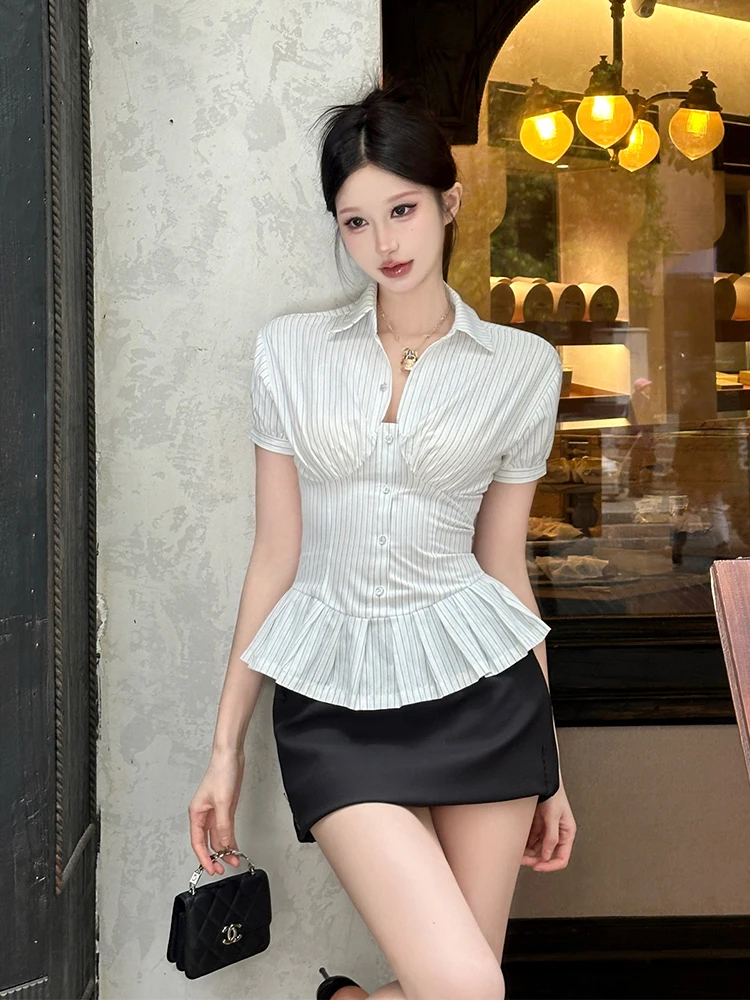 ReddaChic Tie-back Women Stripe Shirt Causal Cinched Waist Ruffle Hem Single-breasted Lapel Cropped Top Elegant Summer Clothes