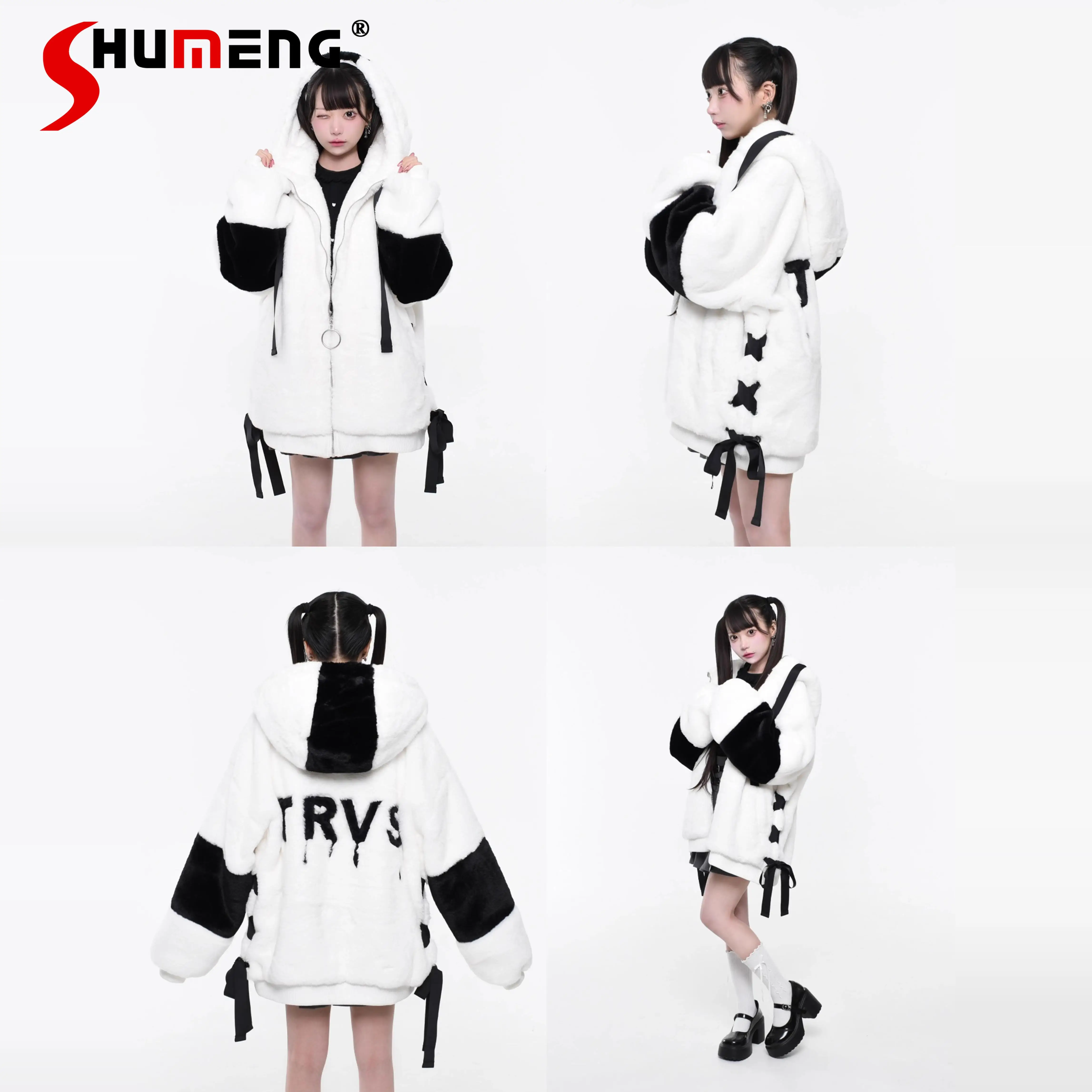 Japanese Mine Style Subculture Dark Punk Embroidery Lace-up Bow Thick Warm Plush Hooded Jacket Oversize Cotton Coat Women Winter