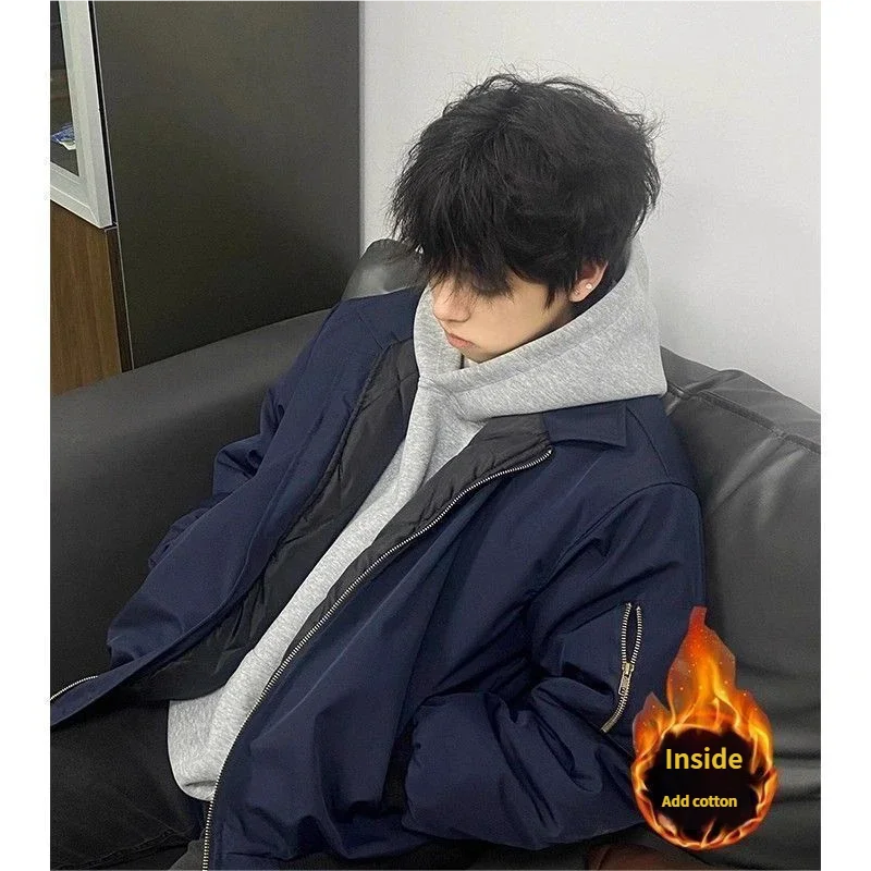 Mens Jacket Harajuku Autumn Winter Cleanfit Navy Cotton Coat Vintage Flight Style Warm Puffer Outerwear Loose Fit Casual Fashion