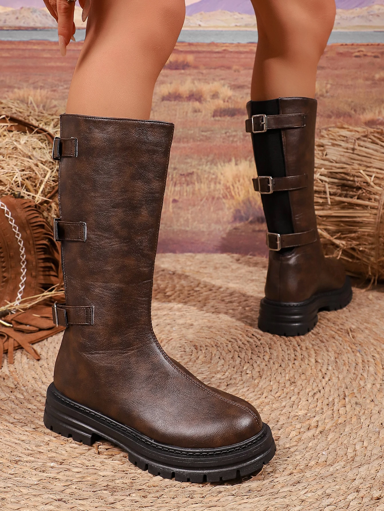 American Retro Western Cowboy Boots Brown Thick Sole Mid-Calf Boots Three Buckle Motorcycle Boots Side Zipper Riding Boots for W