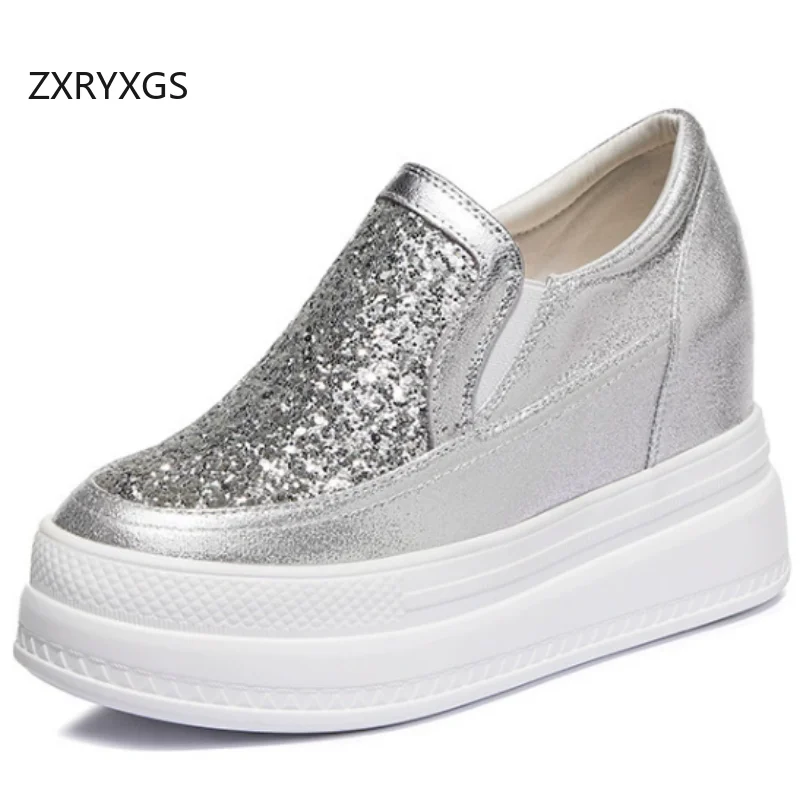 

ZXRYXGS 2026 New Soft Cowhide Patent Leather Sequin Women Trendy Shoes Casual Sneakers Platform Inside Increase High Heels 9 Cm