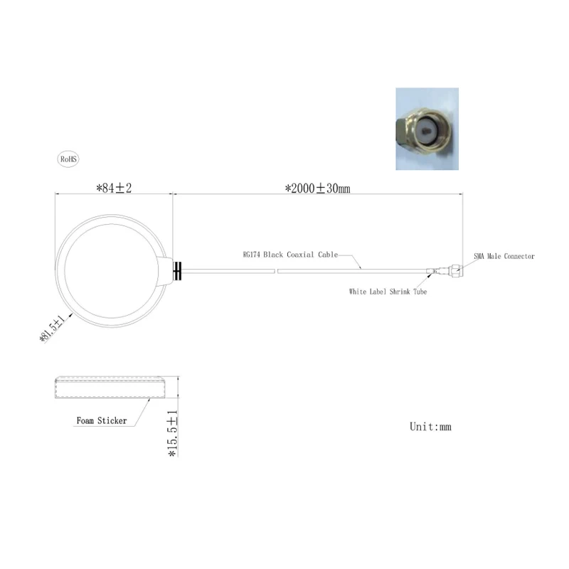 Antena masculina de Multifrequency SMA, agulha interna, LTE 4G, YB0010AA, 698-960, 1710-2690