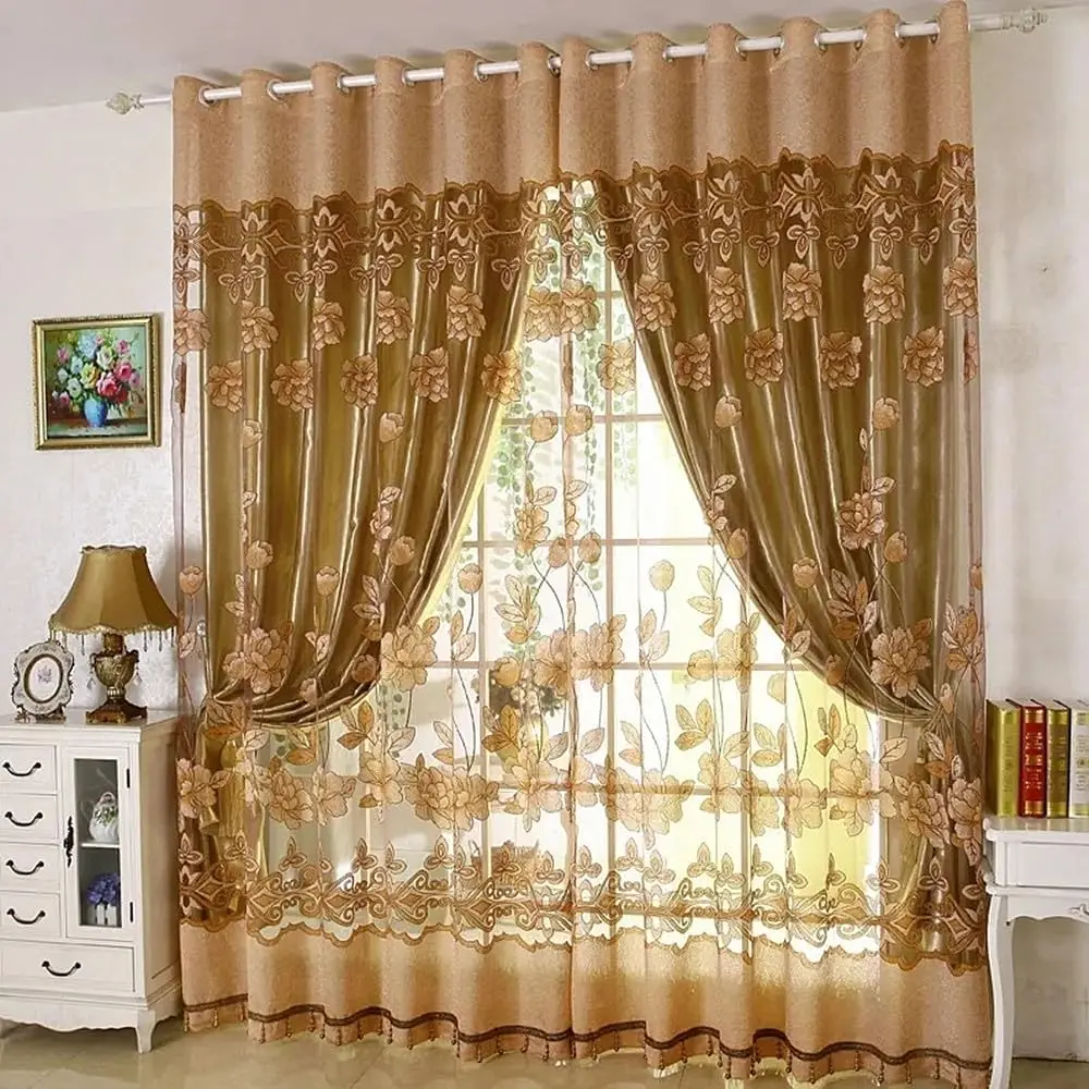 

1 Panel 140cm Width European Double Layer Curtain for Living Room Bedroom Lily Patterned Curtain with Tassel Beads