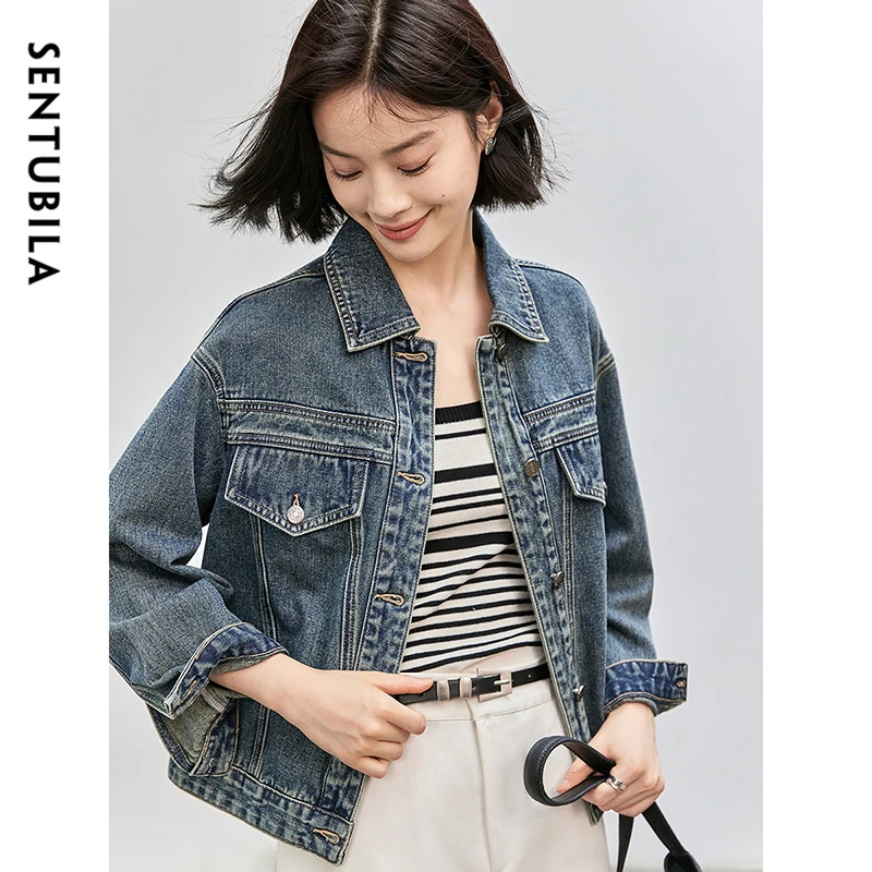 SENTUBILA 100% Cotton Denim Coat for Women 2024 Autumn Retro Straight Turn Down Collar Single Breasted Washed Jackets W43W56145