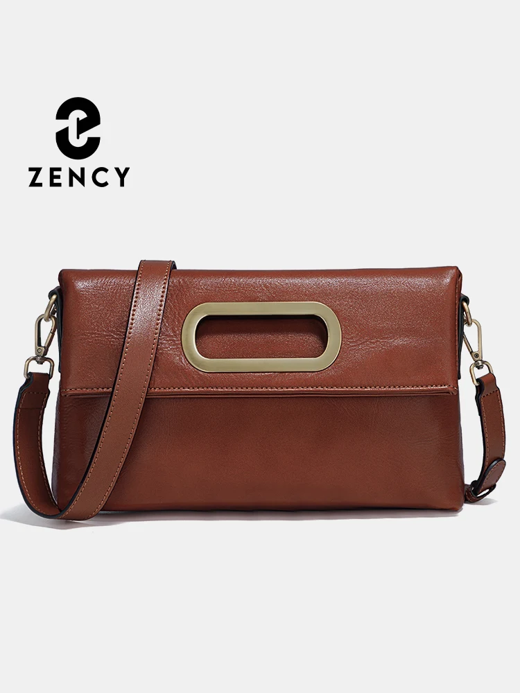 Zency Vintage Genuine Leather Handbag for Women Large Capacity Brown Crossbody Designer Shoulder Bag 2026 Summer Beige Sac Bolsa