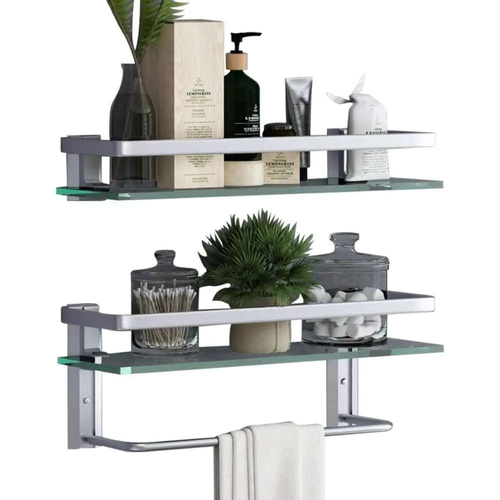 

15.7in Wall Mounted Floating Glass Shelves with Towel Holder, 2 Tier