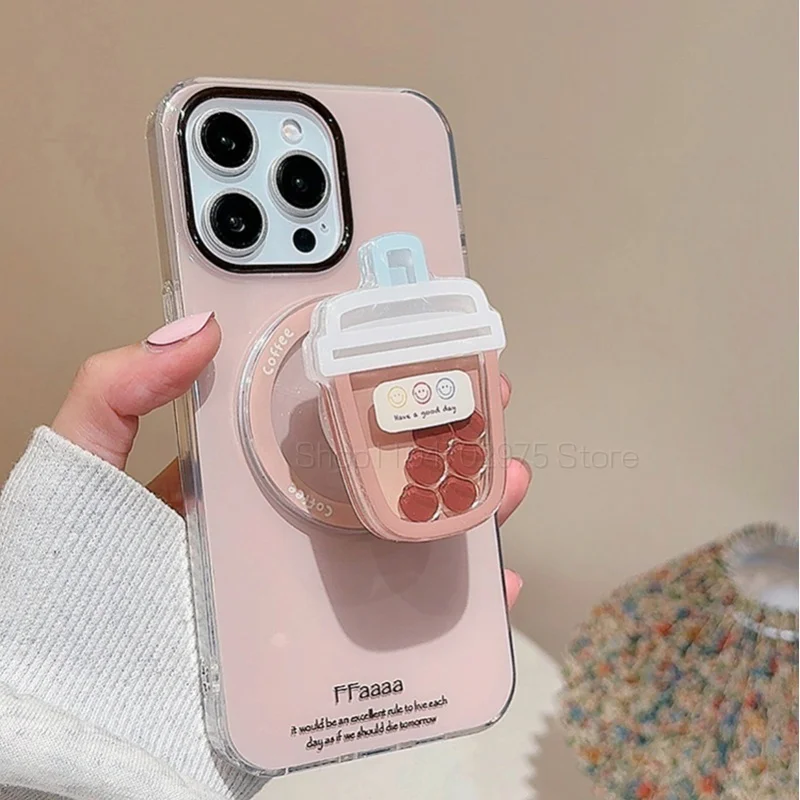 Cute Cartoon Milk Tea Cup Quicksand Shake for Magsafe Griptok Holder Phone Finger Ring Stand Support for IPhone 15 Girl Bracket view 3