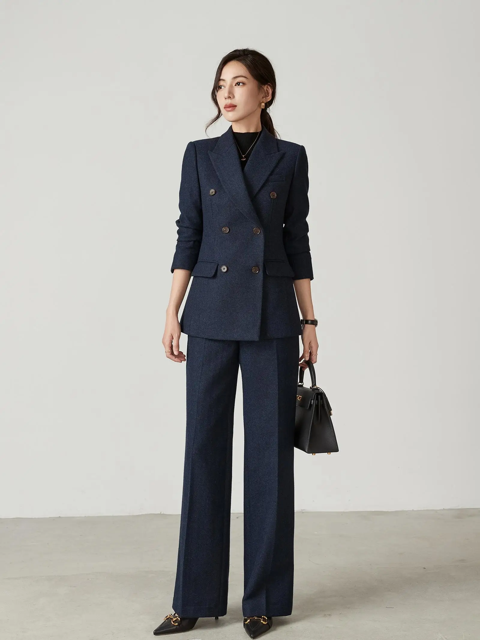 여성용 겨울 두꺼운 울 트위드 정장 세트 로얄 블루 전문직 슬림 핏 스트레이트 팬츠 더블 브레스티드