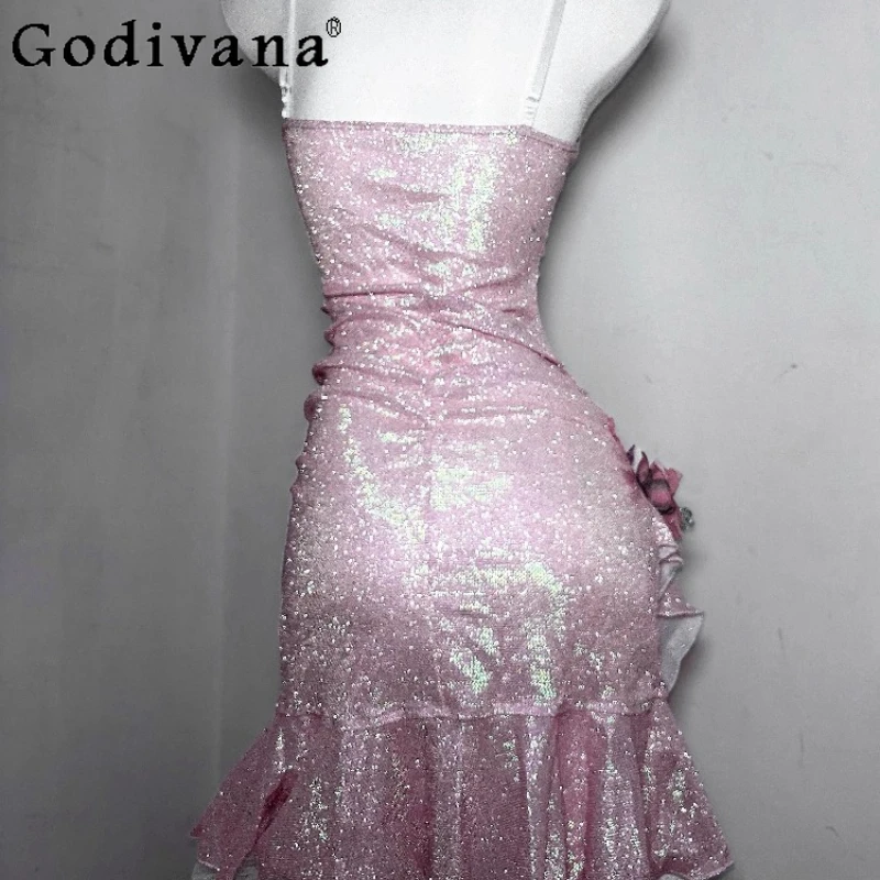 Abito rosa con fiori di ciliegio con paillettes originali Abito da principessa a coda di pesce con farfalla Abito da fata Lolita senza maniche femminile