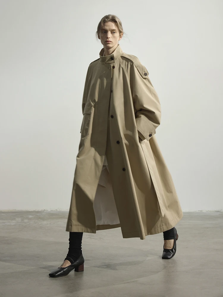 

Lautaro Autumn Oversized Khaki Long Trench Coat for Women Stand Collar Single Breasted Luxury Designer Clothes Overcoat 2025