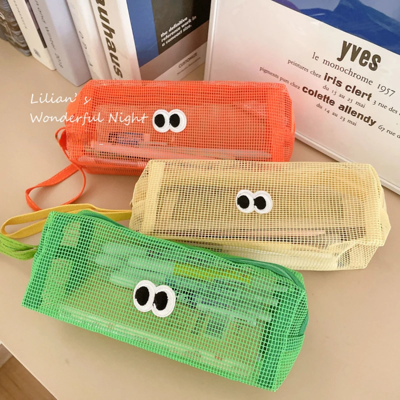 女性のためのかわいいアイメッシュコスメバッグ、無地、女性の収納バッグ、素敵な漫画、女性のハンドバッグ、ペンシルケース、ファッション財布