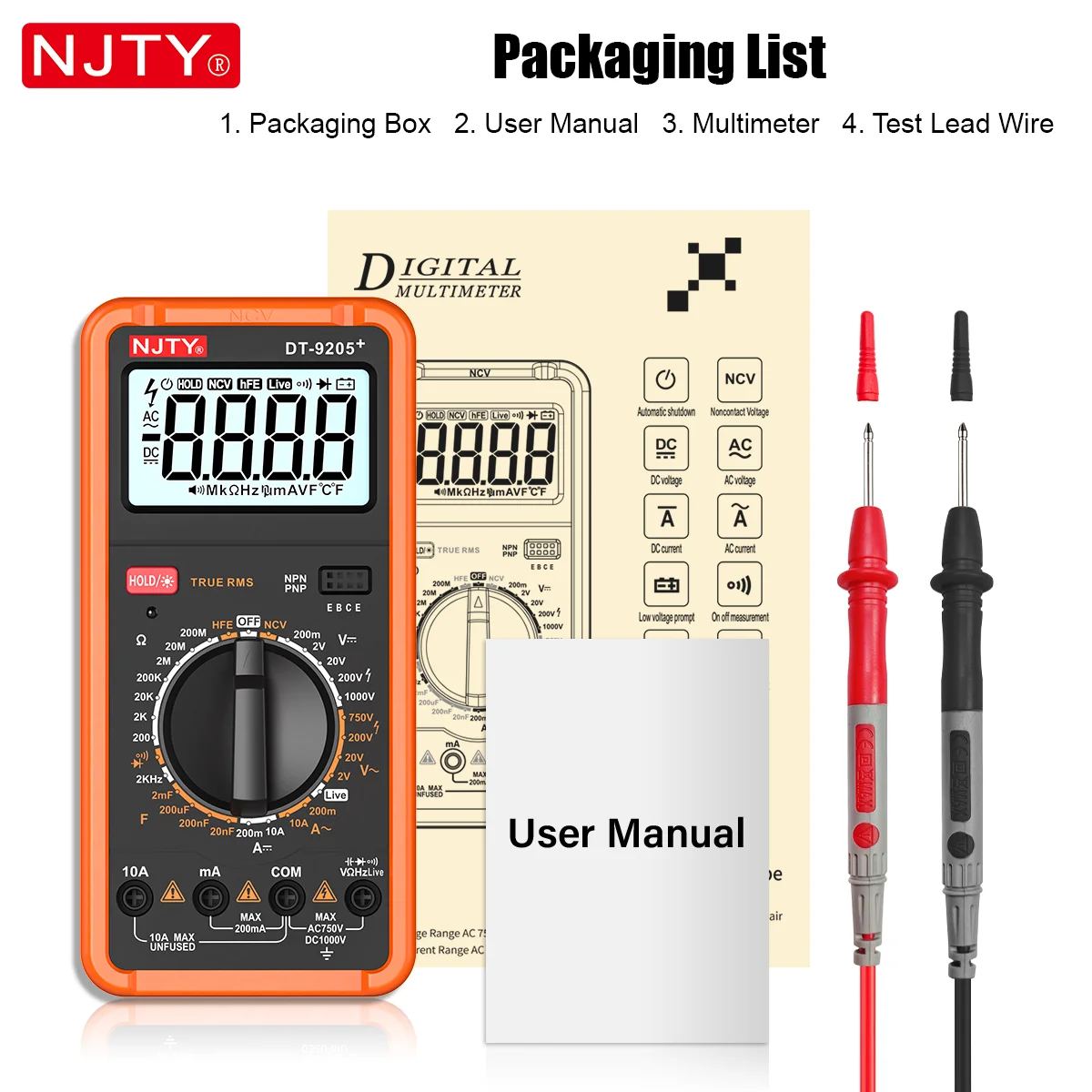 NJTY DT-9205+ Digitales Multimeter mit Manueller Bereichswahl Elektrischer Tester für Spannung, Strom, Widerstand, Frequenz HEF Spannungsmessgerät für Spannungsleitungen – Detail 13