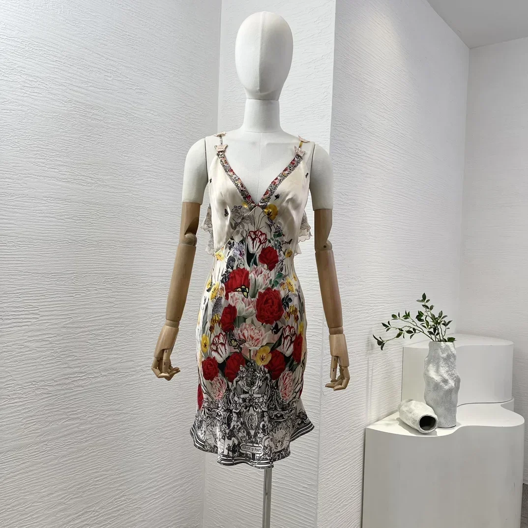 2024 New White Red Rose Flower Butterfly Print Sleeveless Deep V Neck Backless Women Mini Dress for Holiday Party