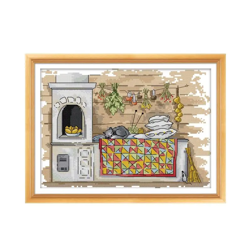 Cat sleeping by the stove cross stitch kit 14ct 11ct count print canvas stitches embroidery DIY handmade needlework