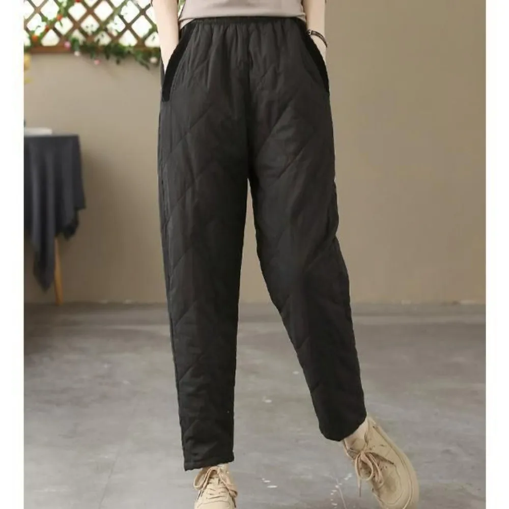 Women's Quilted Elastic Waist Pants, Winter Patchwork Cotton Trousers | Thickened & Casual
