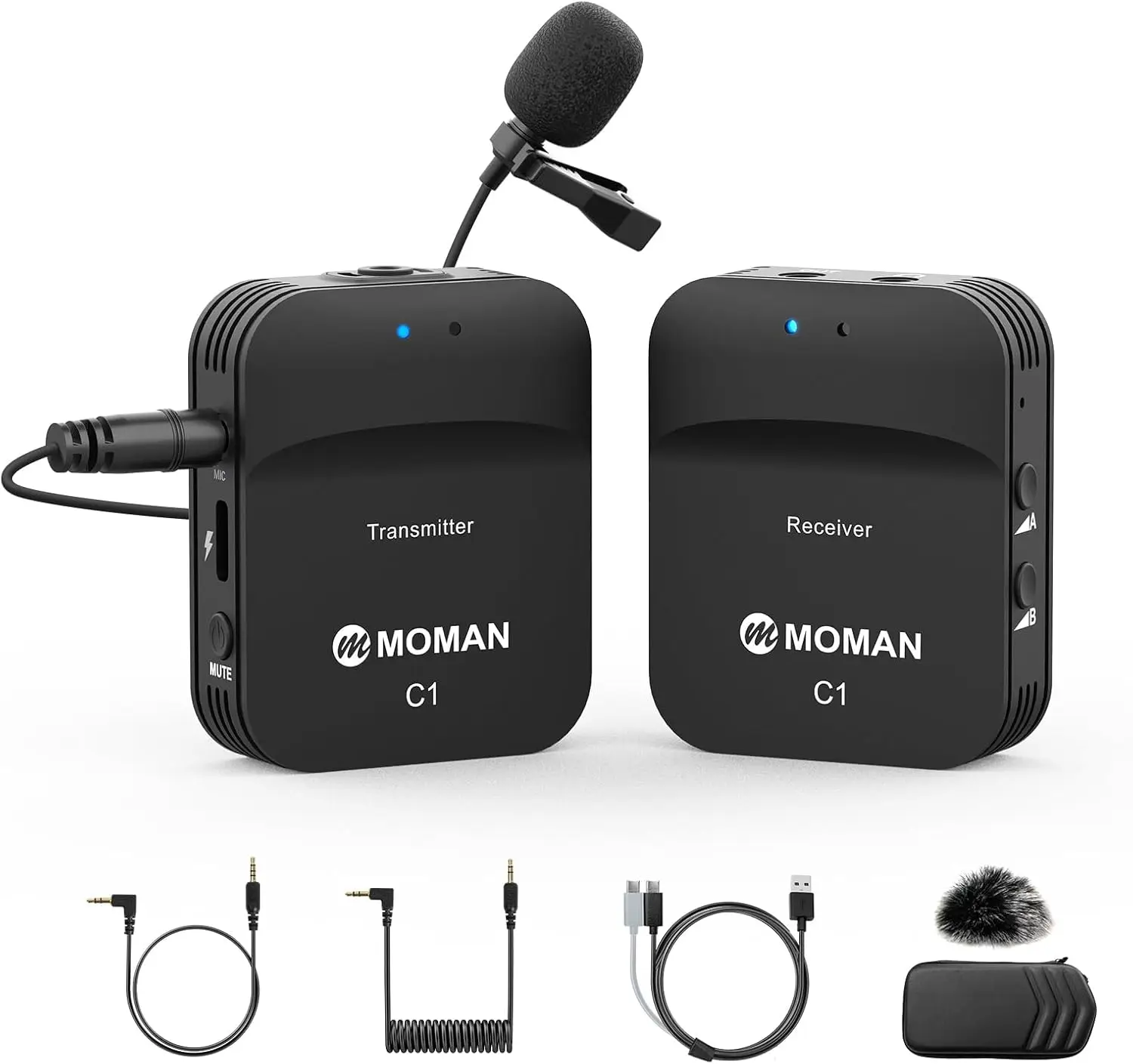 Moman Wireless Lavalier Microphone 2.4GHz Compact Wireless Lapel Mic System Noise Cancellation Transmission 8H Battery Life