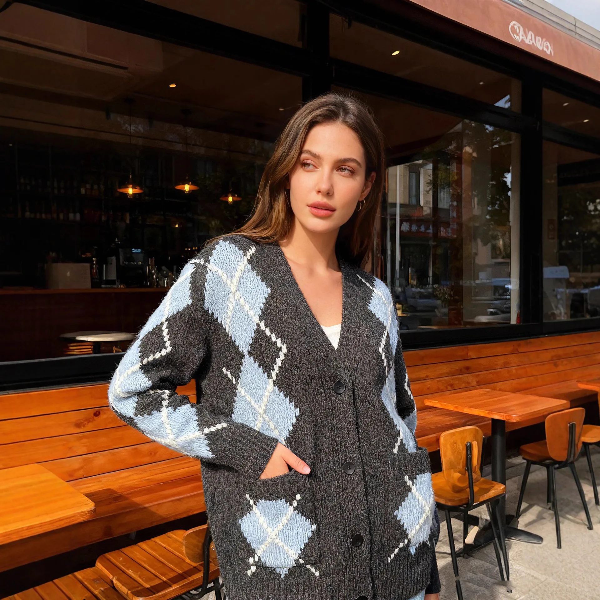 

Осень-зима, повседневный кардиган в стиле ретро, женский лоскутный вязаный топ с ромбовидным узором, жаккардовый вязаный кардиган, свободный свитер с v-образным вырезом